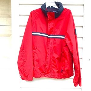Nautica Windbreaker Mens Sz XL Red Navy Stripe Hidden Hood